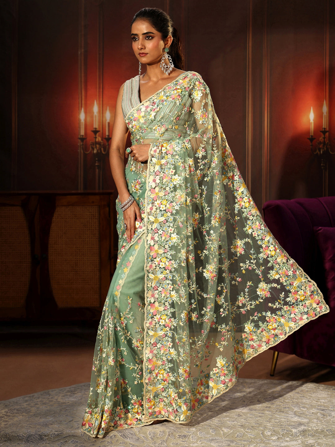 Libas Art Sea Green Floral Embroidered Net Saree