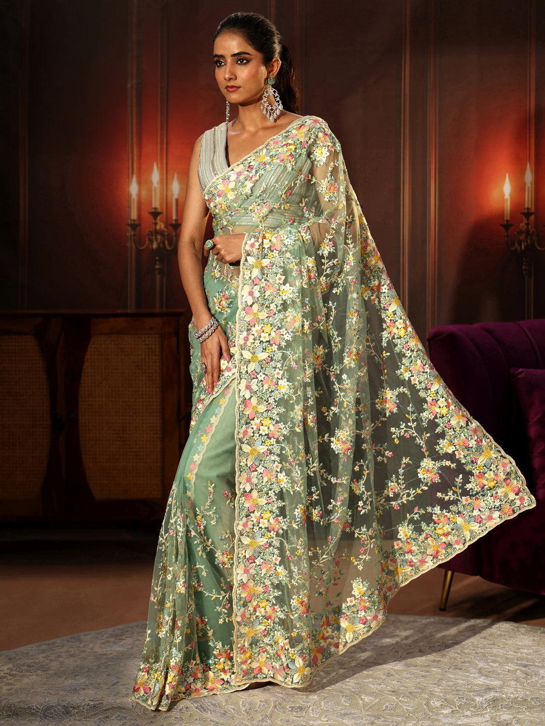 Libas Art Sea Green Floral Embroidered Net Saree