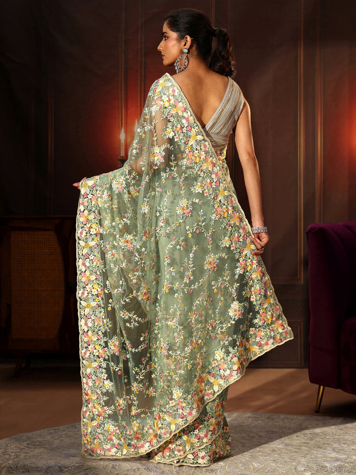 Libas Art Sea Green Floral Embroidered Net Saree