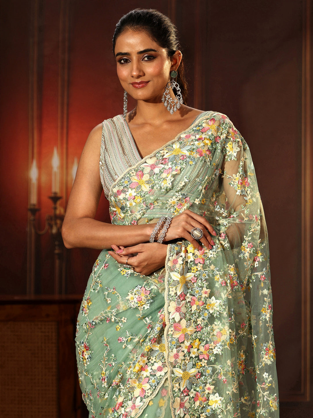 Libas Art Sea Green Floral Embroidered Net Saree