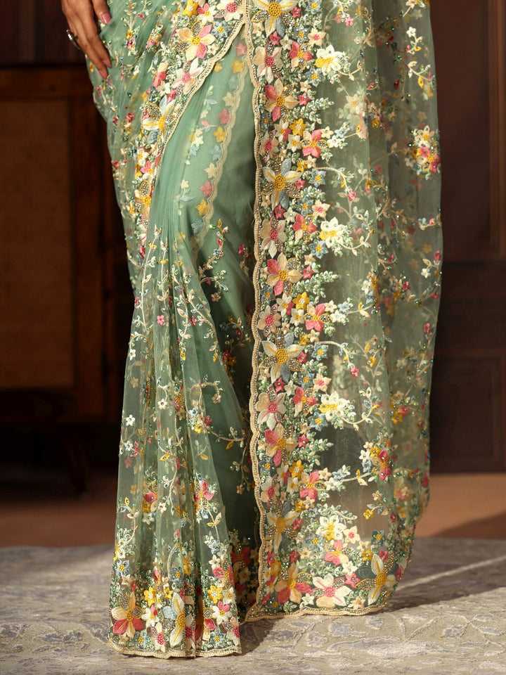 Libas Art Sea Green Floral Embroidered Net Saree