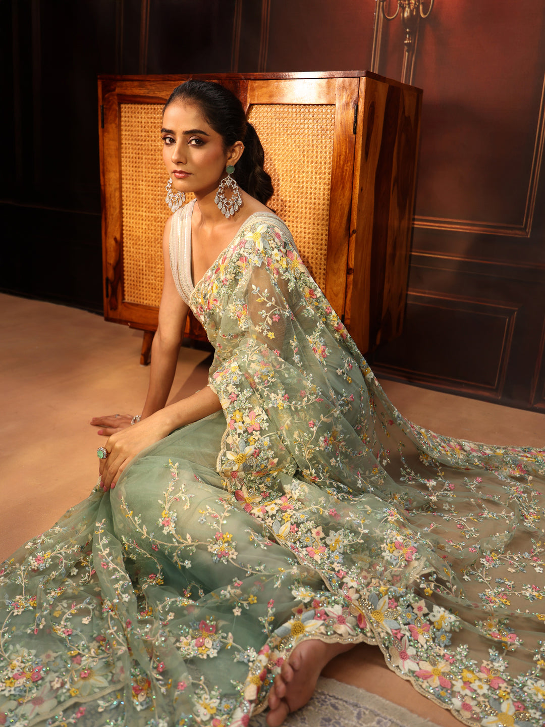 Libas Art Sea Green Floral Embroidered Net Saree