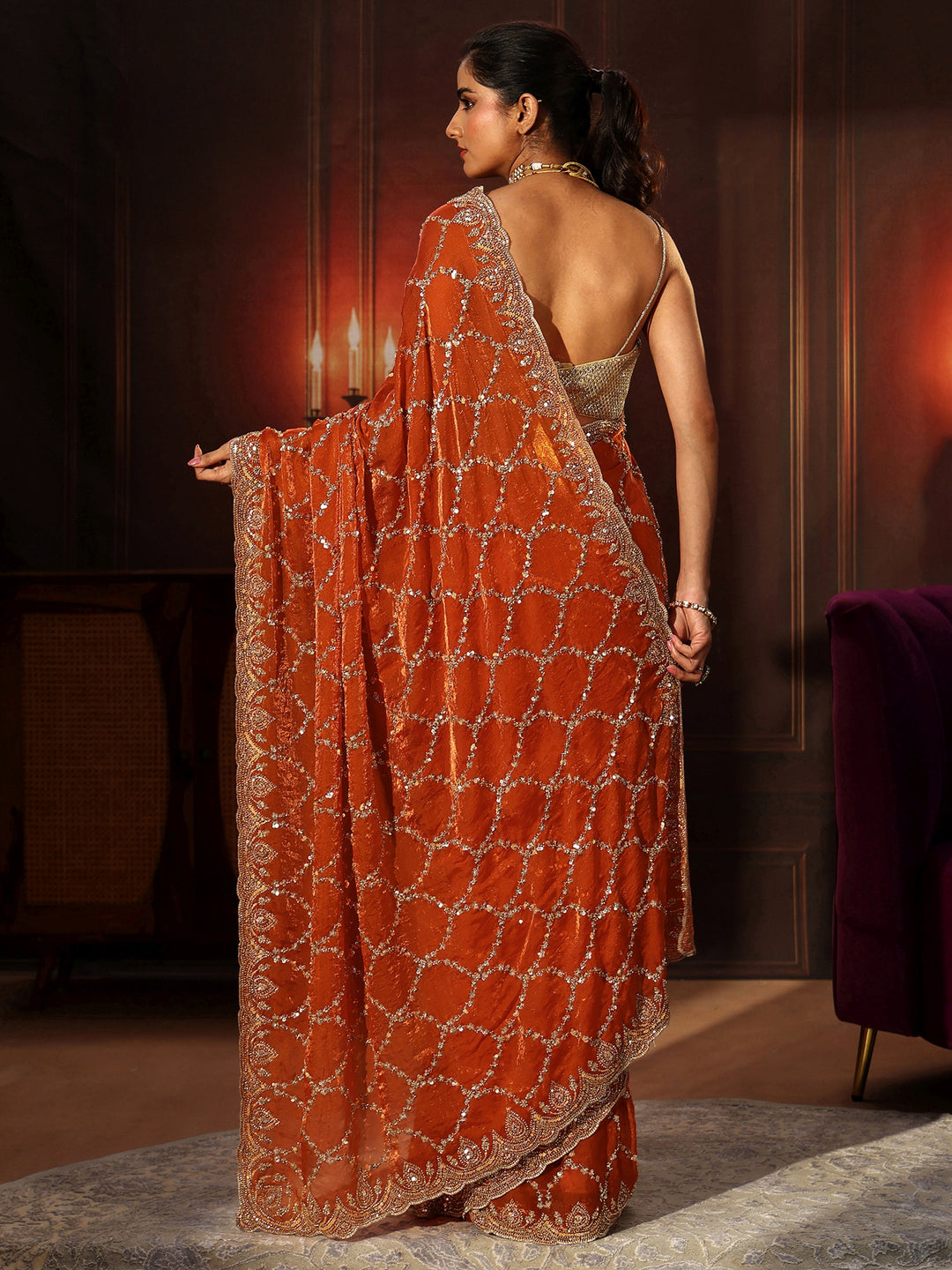 Libas Art Orange Embellished Tissue Saree