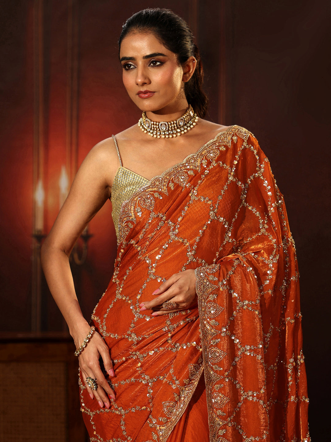 Libas Art Orange Embellished Tissue Saree