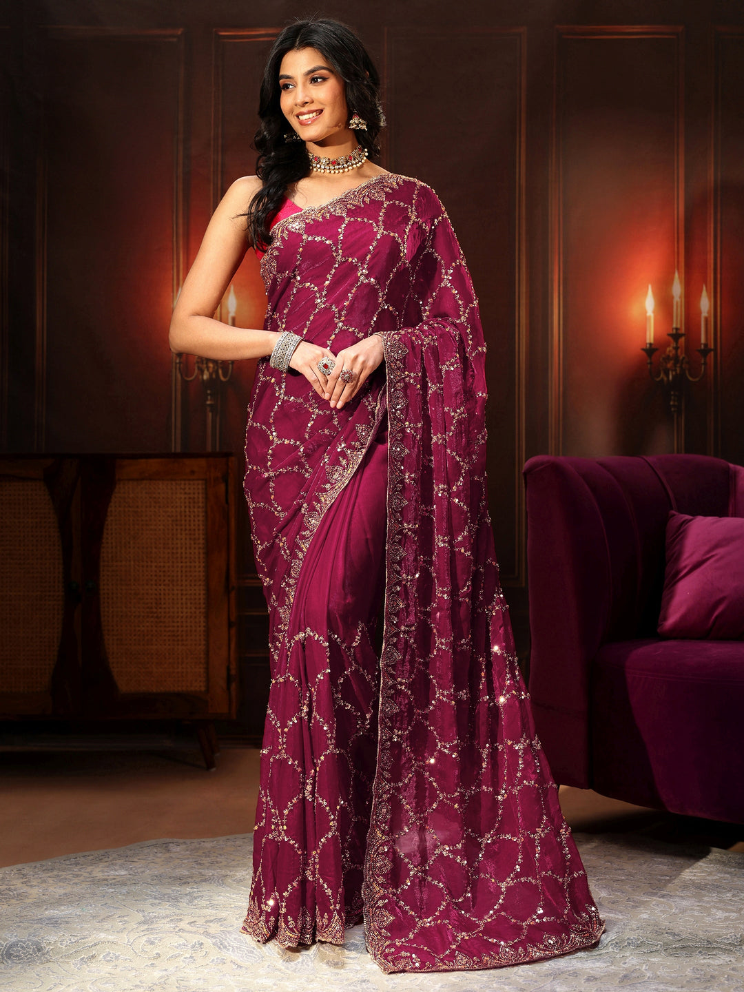 Libas Art Plum Purple Embellished Tissue Saree