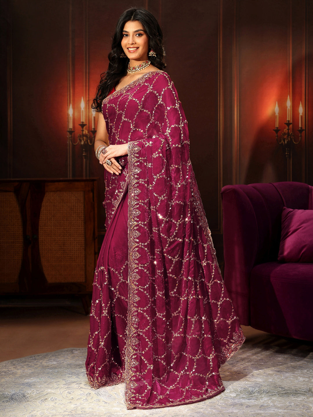 Libas Art Plum Purple Embellished Tissue Saree