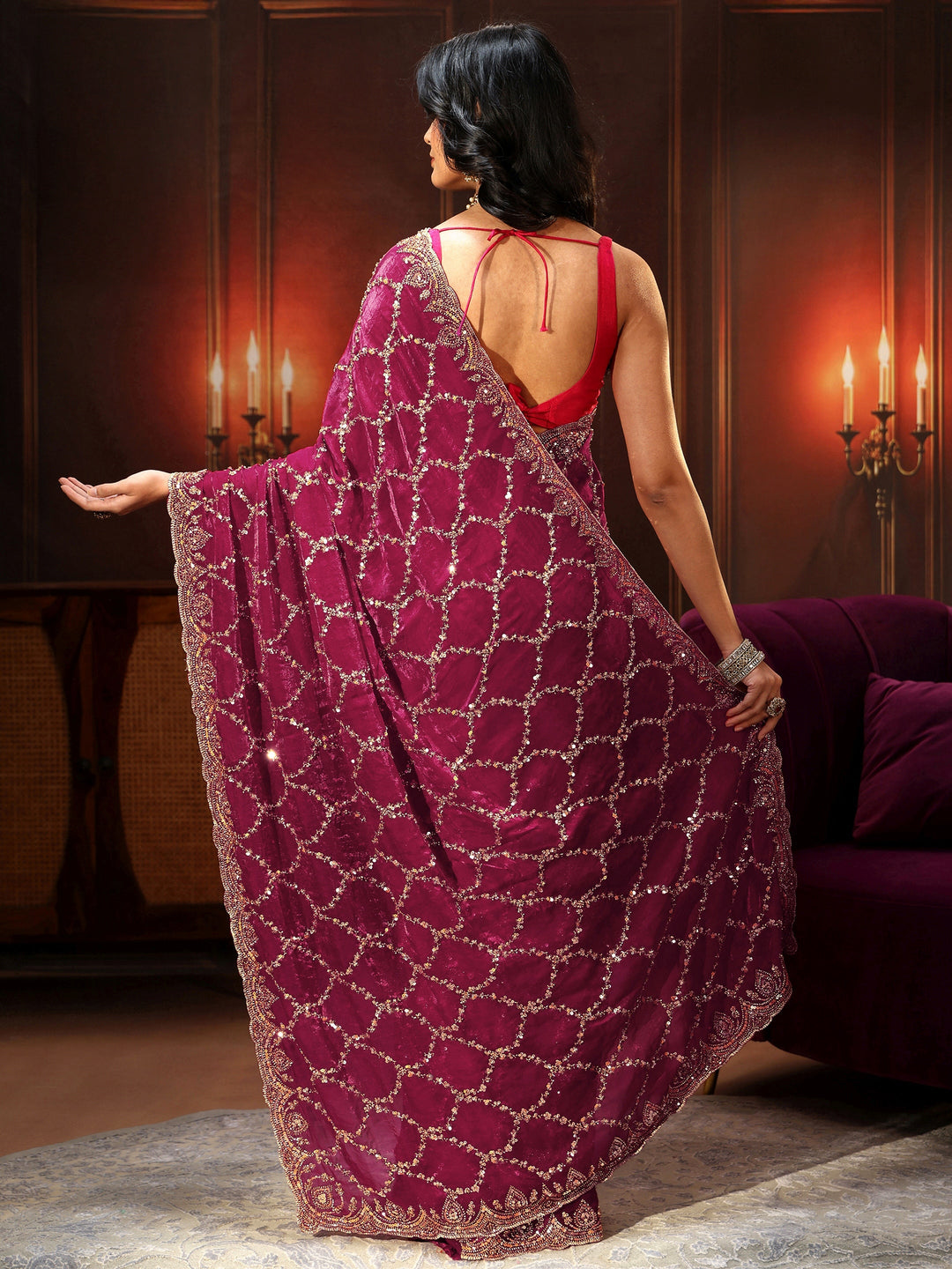Libas Art Plum Purple Embellished Tissue Saree
