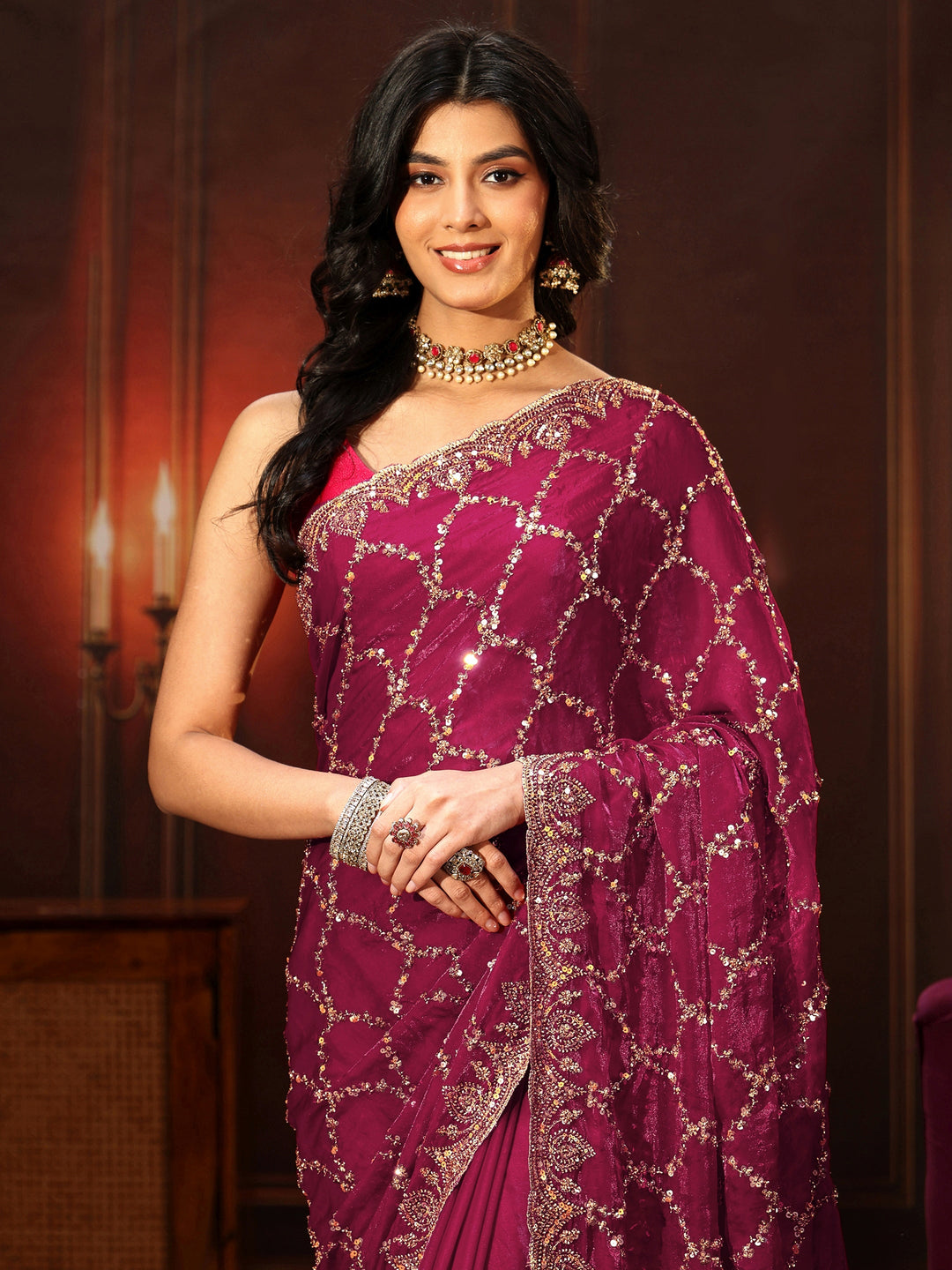 Libas Art Plum Purple Embellished Tissue Saree