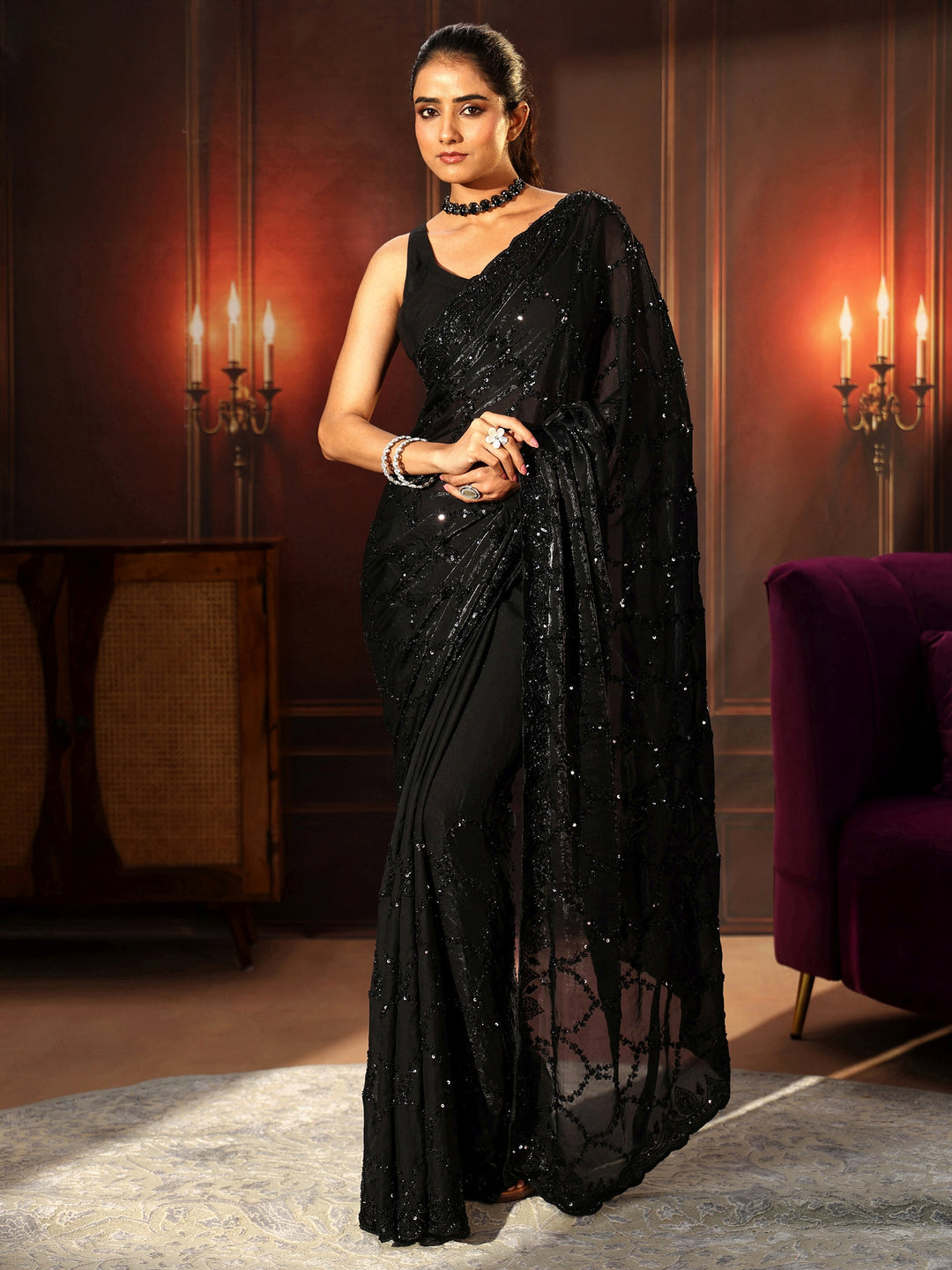 Libas Art Black Embellished Tissue Saree