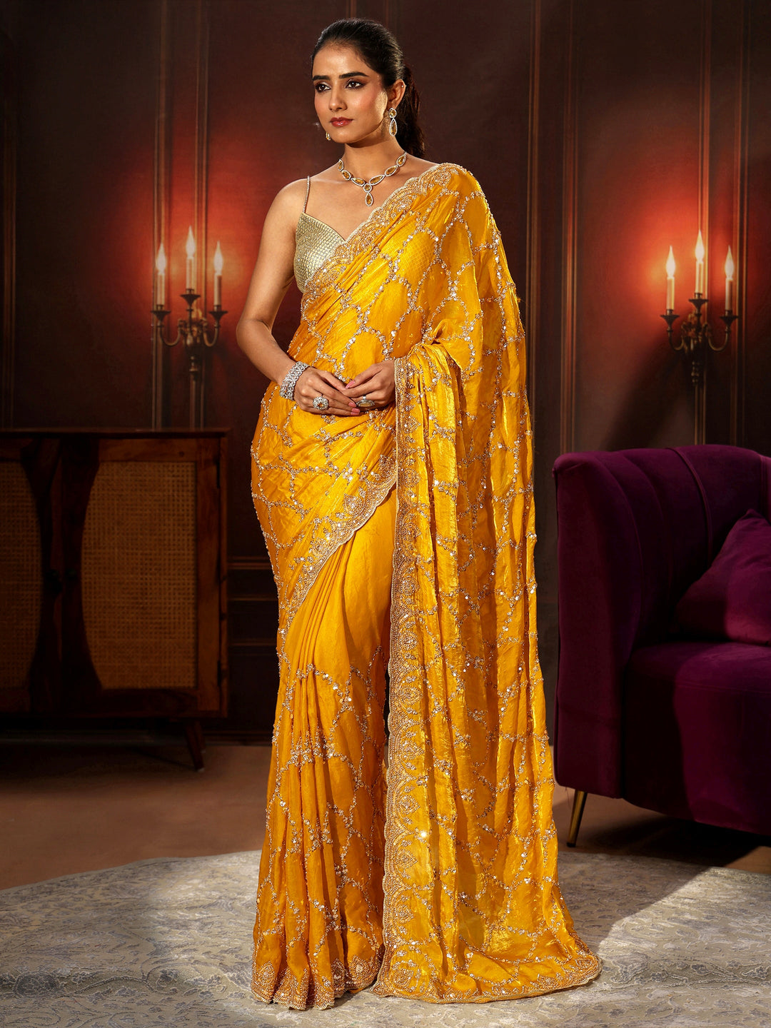 Libas Art Mustard Embellished Tissue Saree