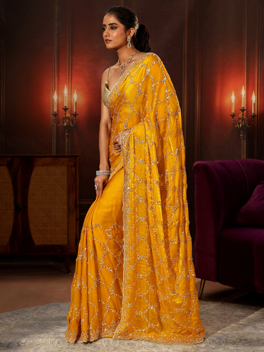 Libas Art Mustard Embellished Tissue Saree
