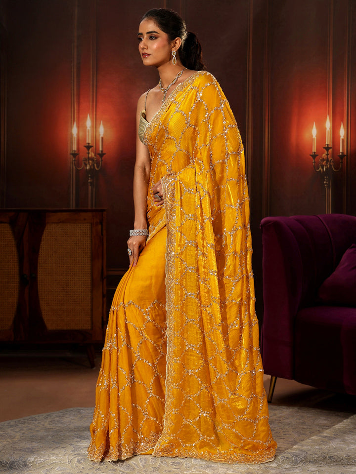 Libas Art Mustard Embellished Tissue Saree