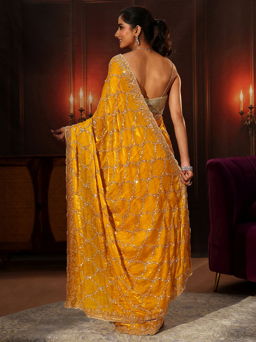 Libas Art Mustard Embellished Tissue Saree