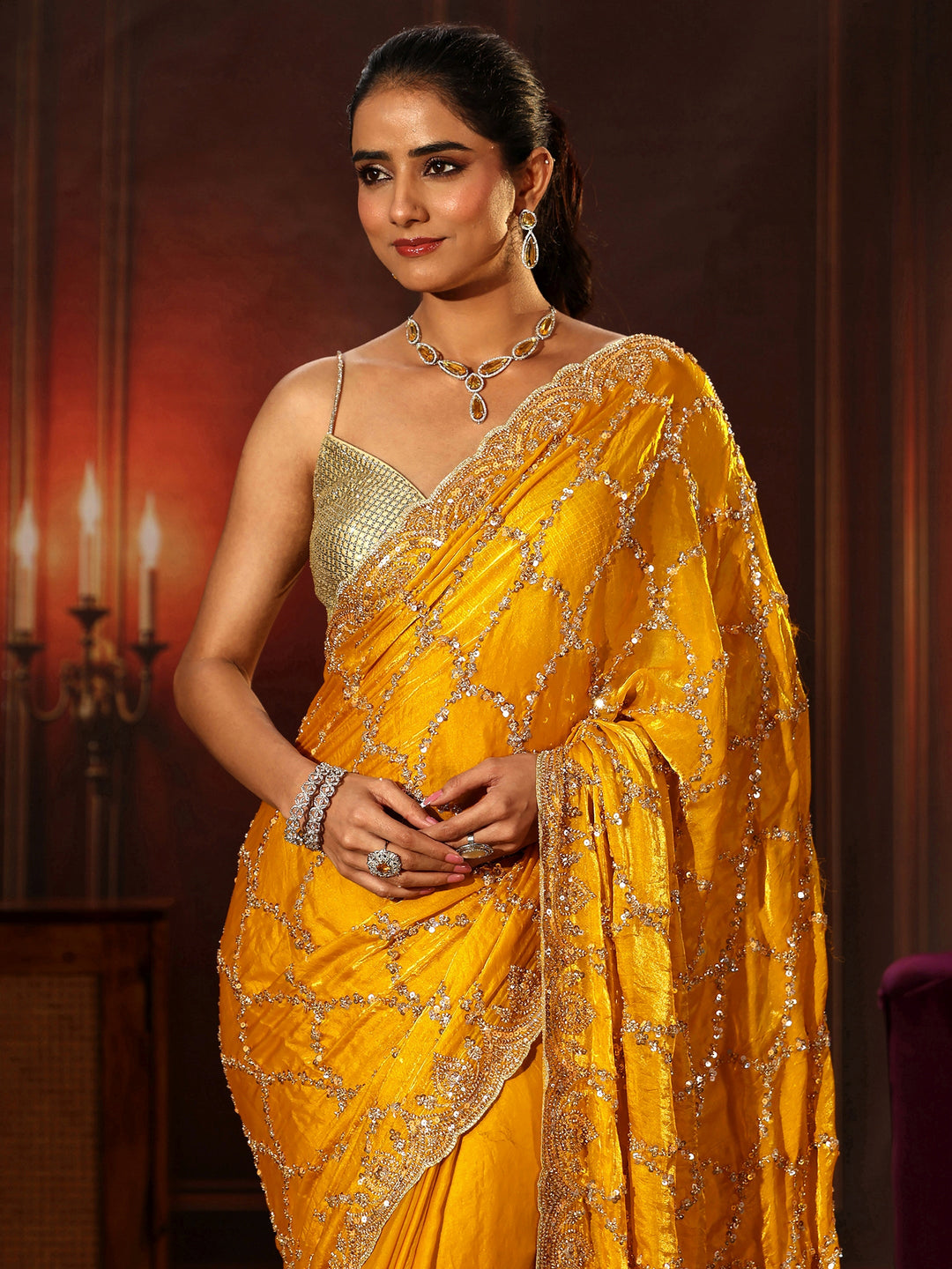 Libas Art Mustard Embellished Tissue Saree