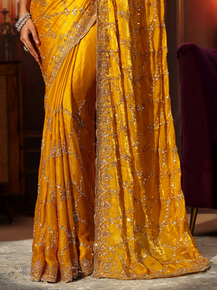 Libas Art Mustard Embellished Tissue Saree