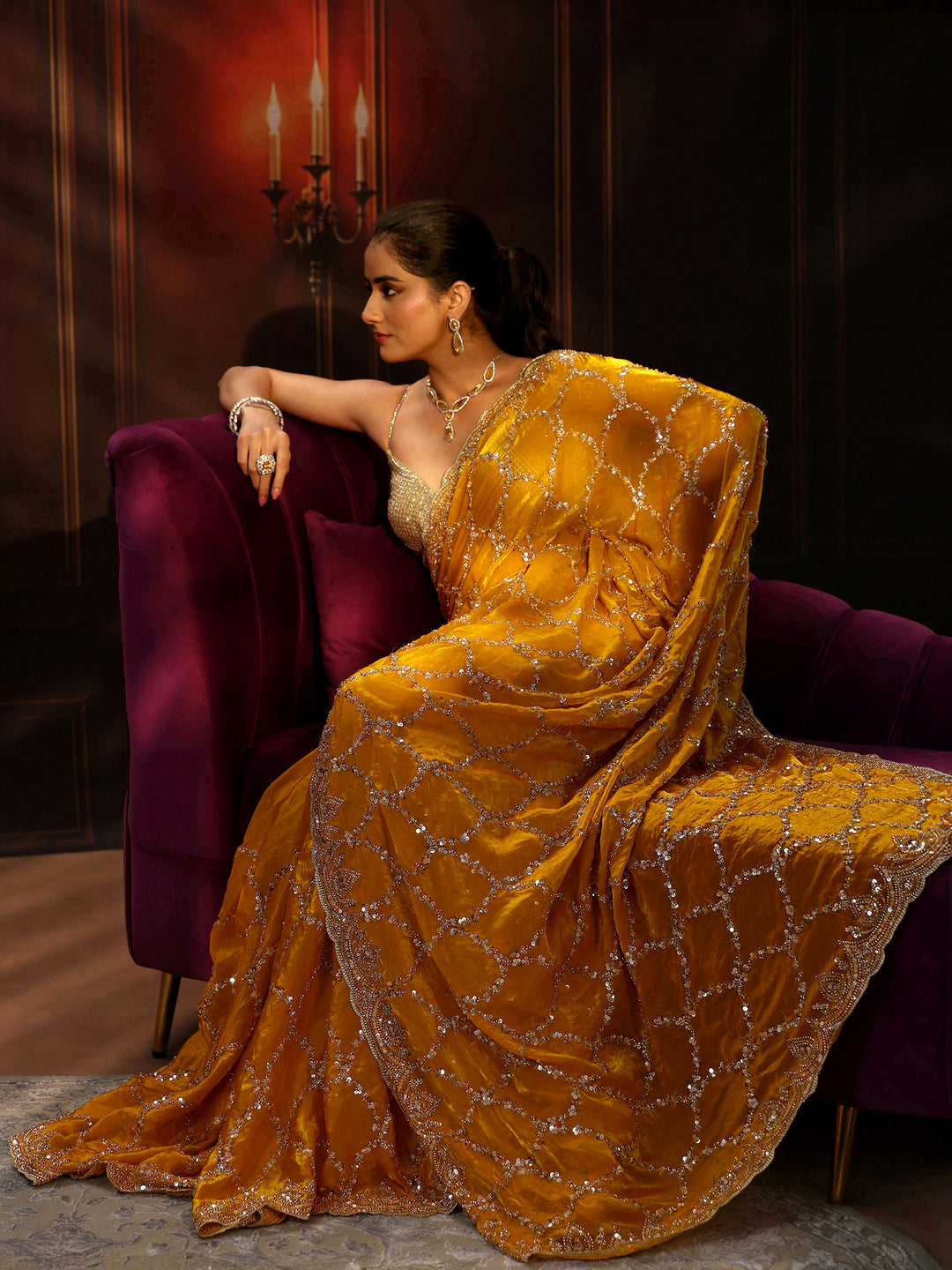 Libas Art Mustard Embellished Tissue Saree