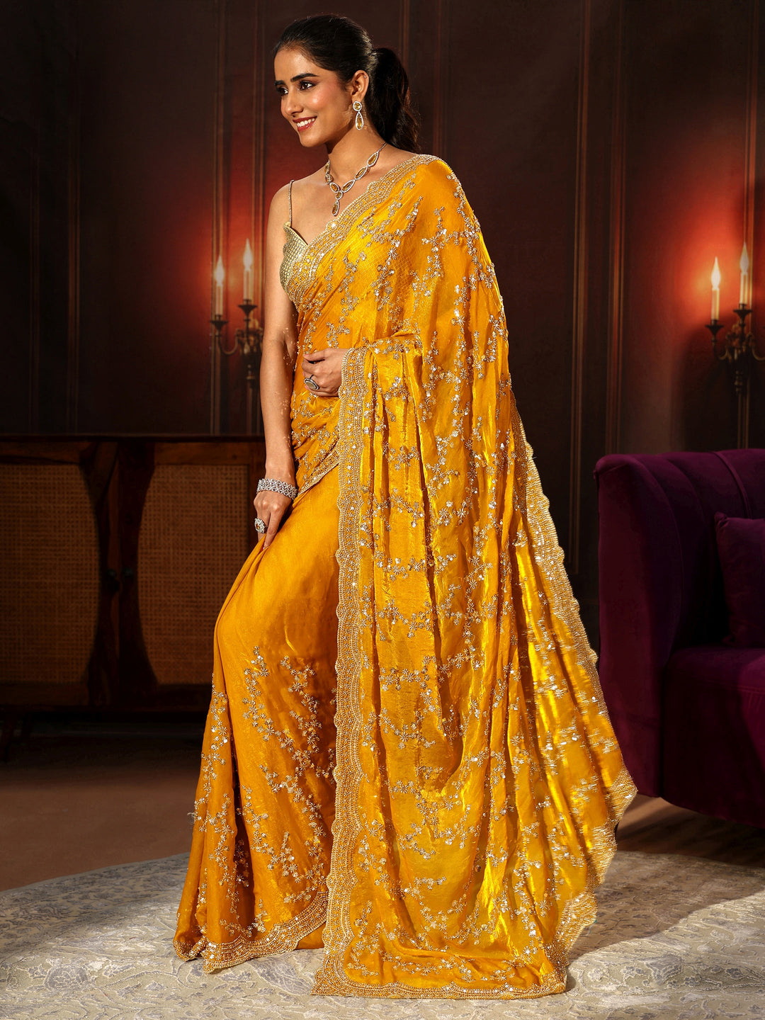 Libas Art Mustard Embellished Tissue Saree