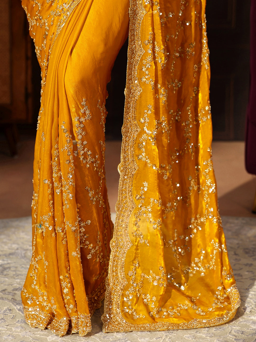 Libas Art Mustard Embellished Tissue Saree