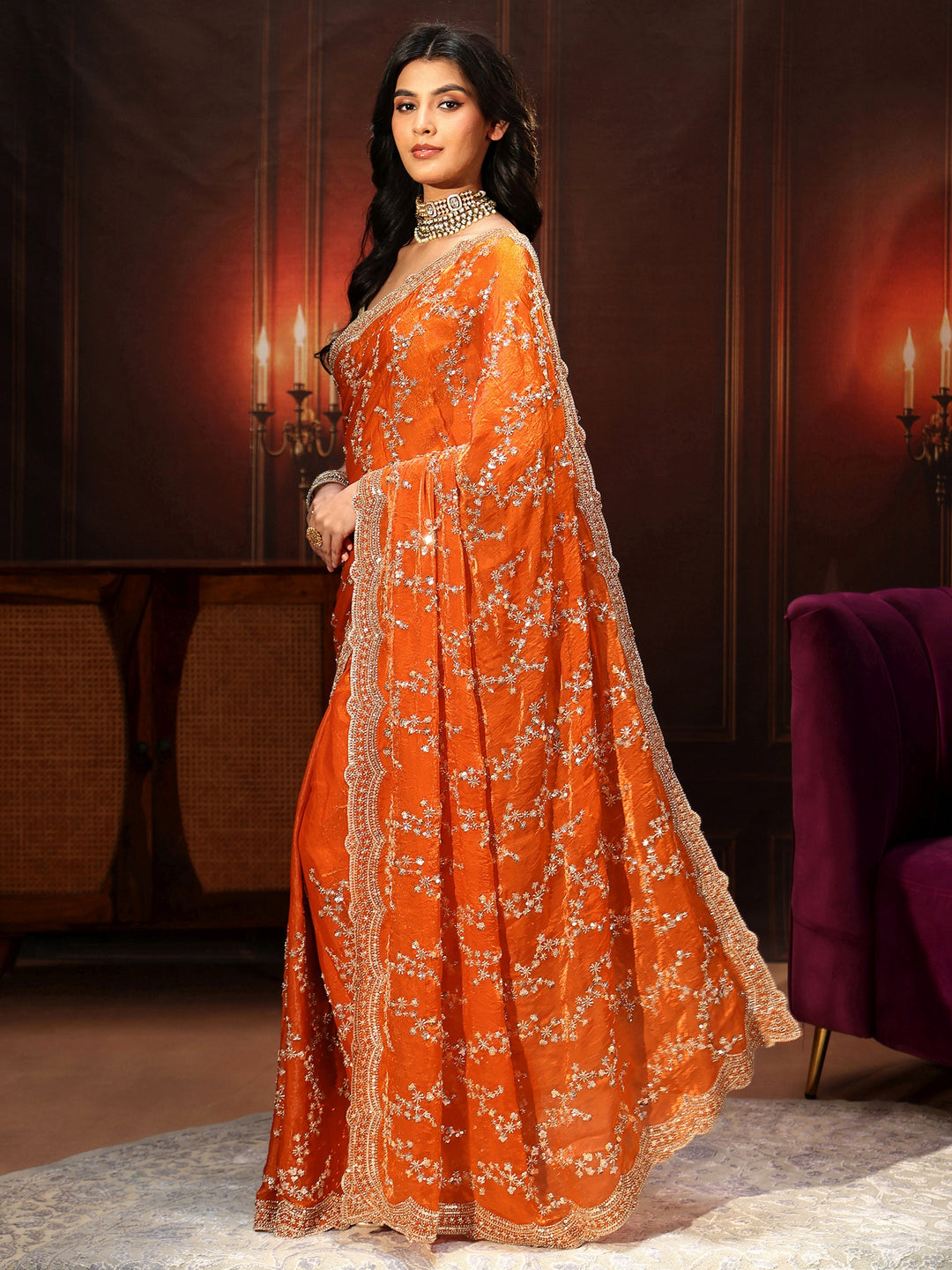 Libas Art Orange Embellished Tissue Saree