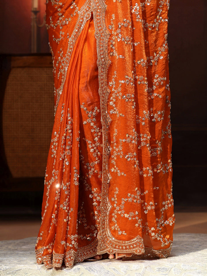 Libas Art Orange Embellished Tissue Saree