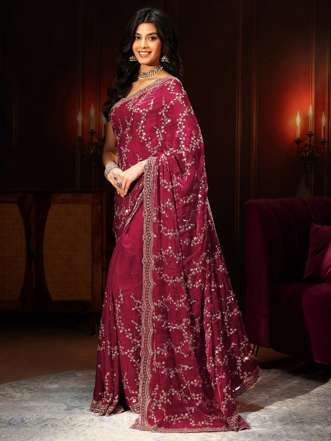 Libas Art Magenta Pink Embellished Tissue Saree