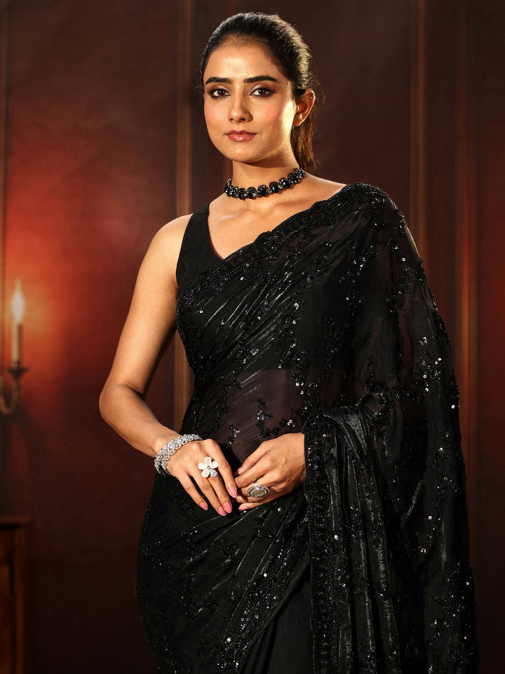 Libas Art Black Embellished Tissue Saree