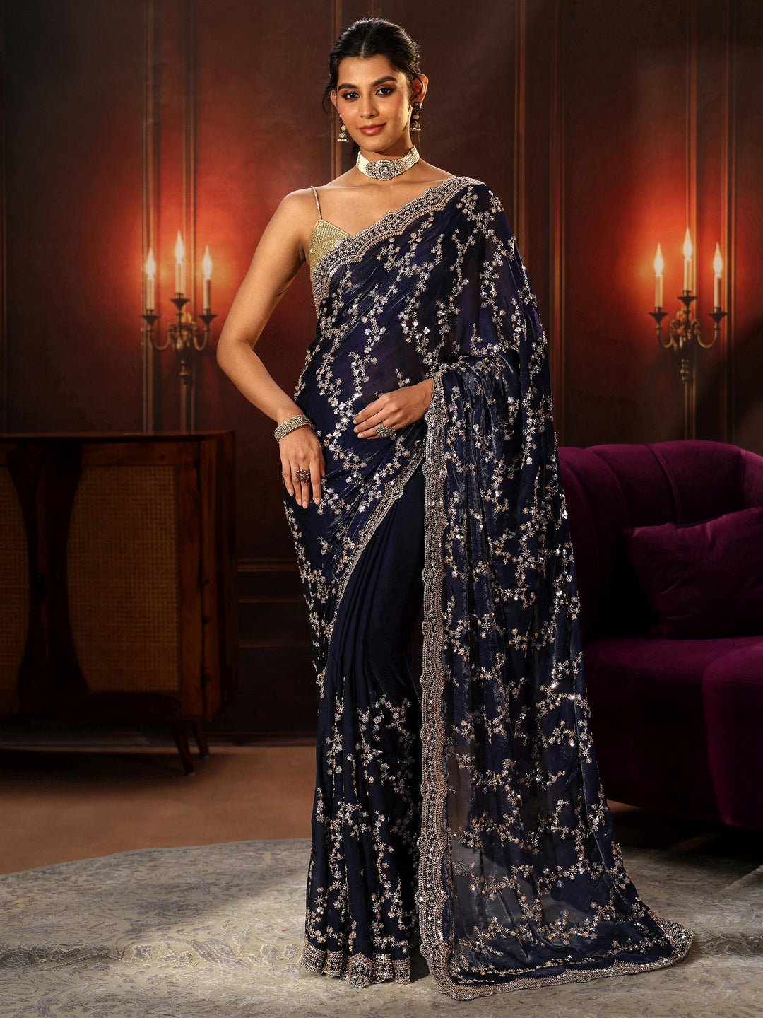 Libas Art Midnight Blue Embellished Tissue Saree