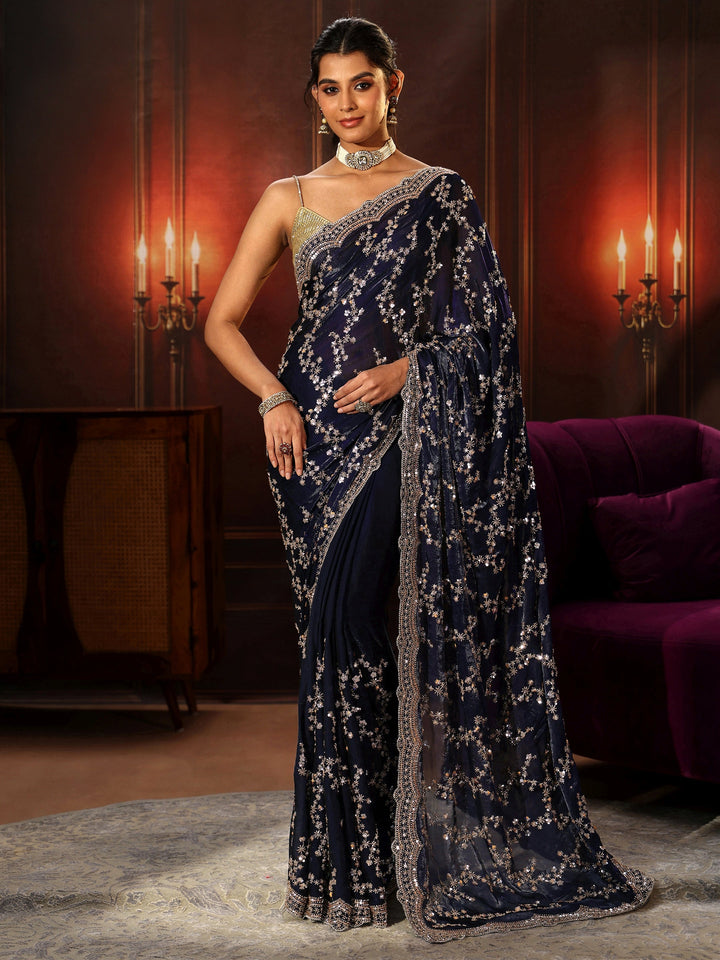 Libas Art Midnight Blue Embellished Tissue Saree