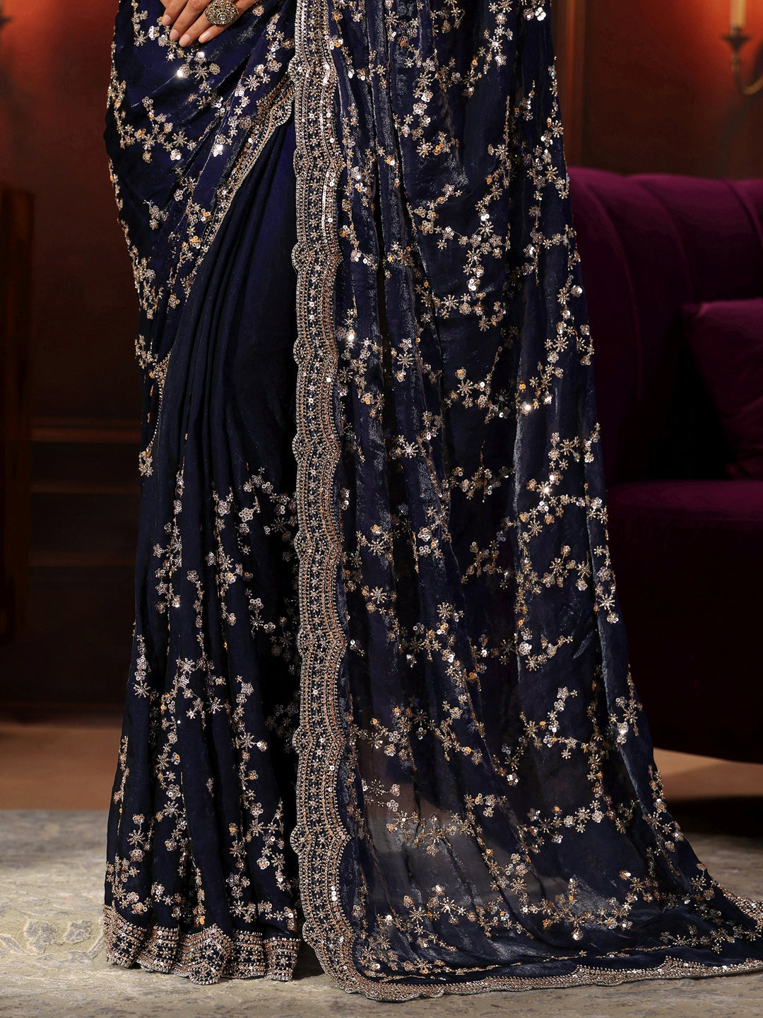 Libas Art Midnight Blue Embellished Tissue Saree