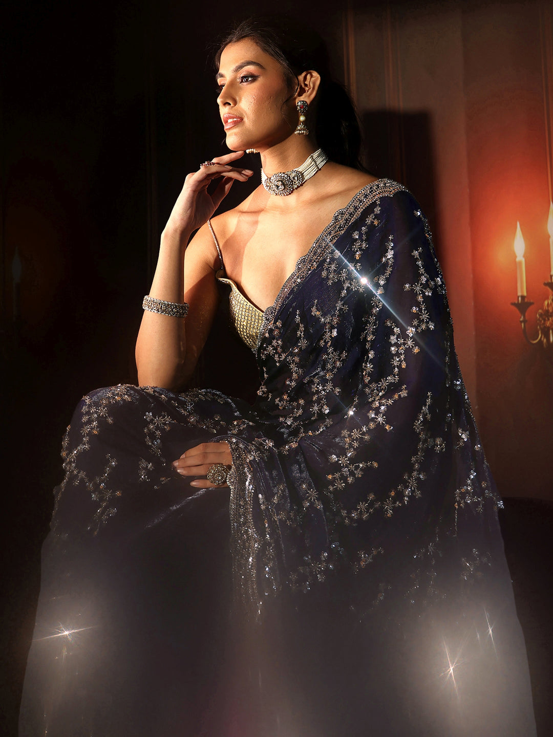 Libas Art Midnight Blue Embellished Tissue Saree