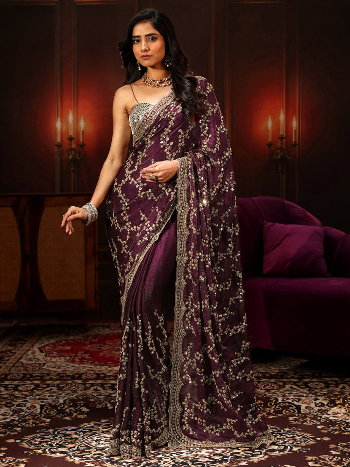 Libas Art Burgundy Embellished Tissue Saree