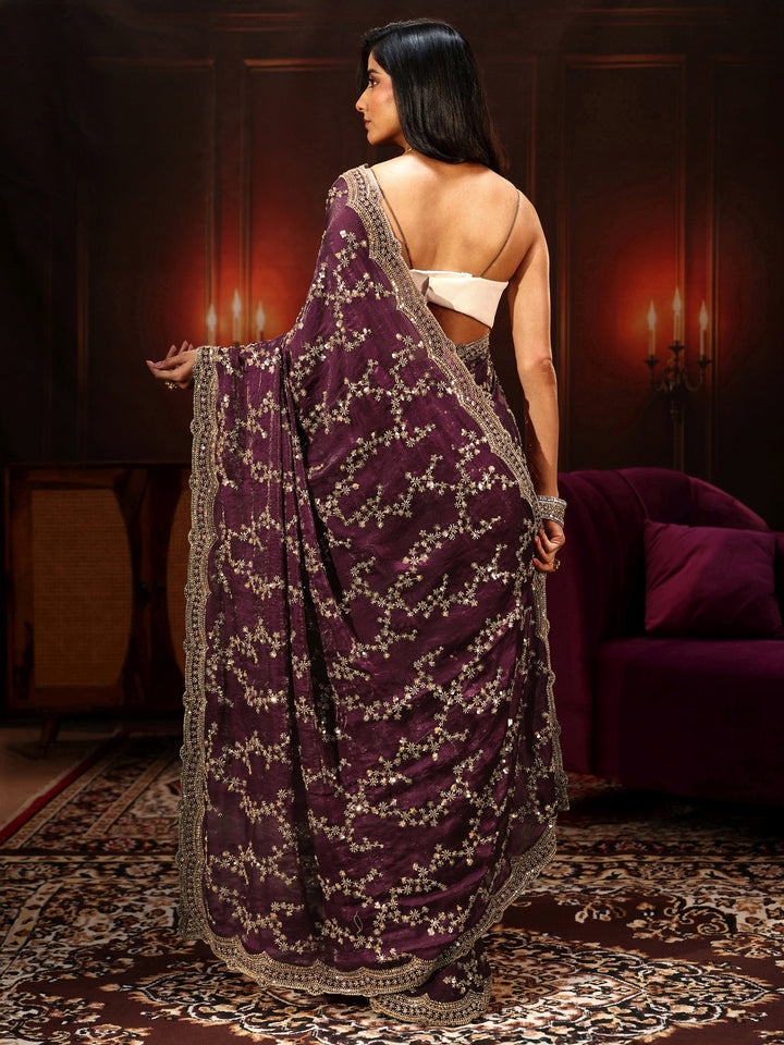 Libas Art Burgundy Embellished Tissue Saree