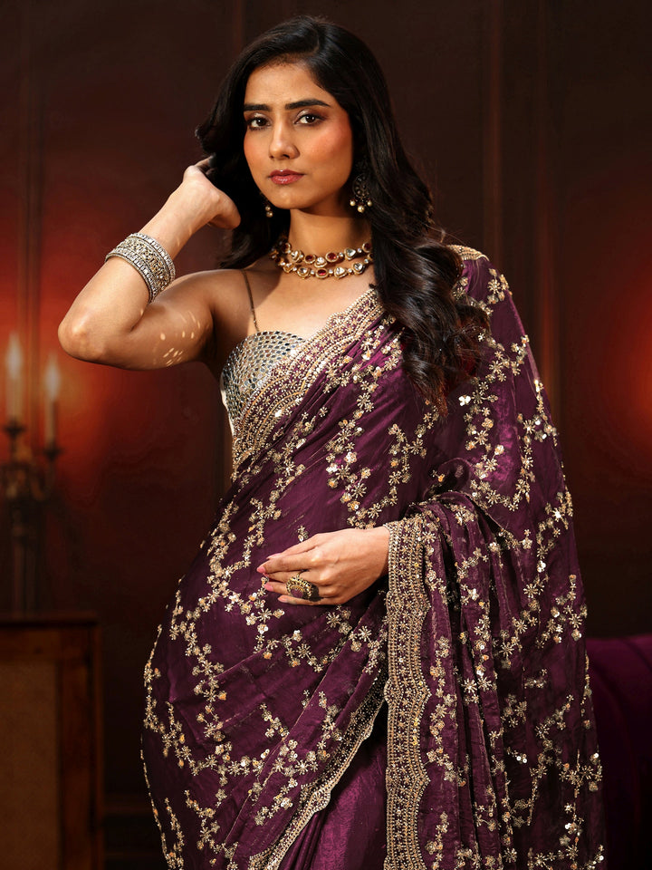 Libas Art Burgundy Embellished Tissue Saree