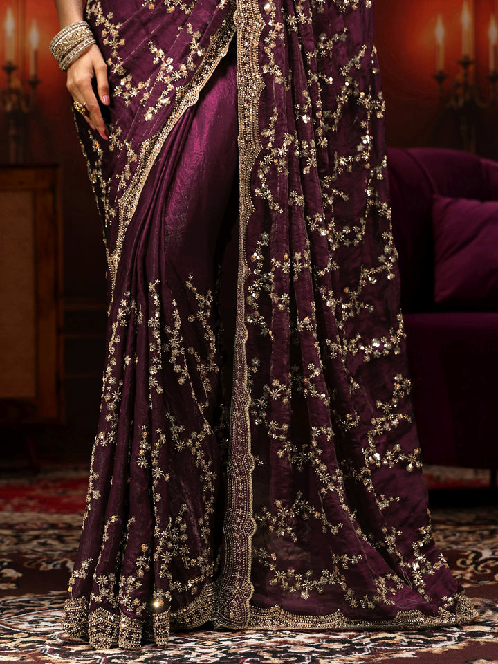 Libas Art Burgundy Embellished Tissue Saree