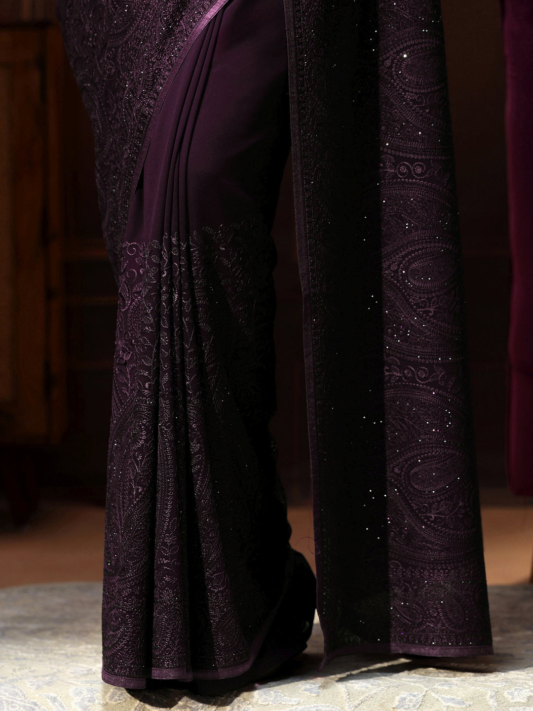 Libas Art Aubergine Purple Paisley Embroidered Georgette Saree