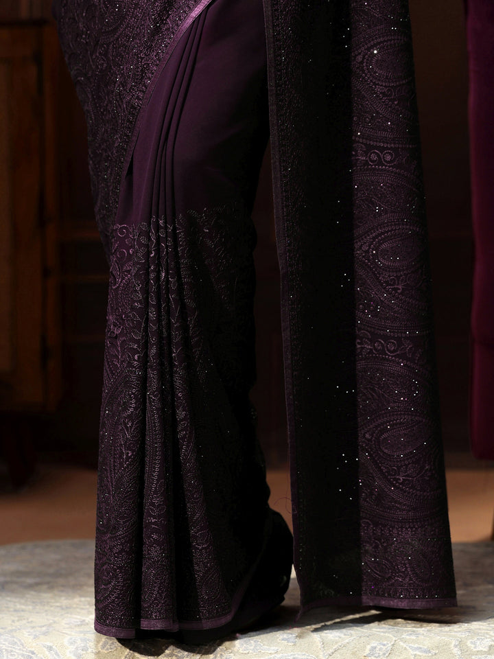 Libas Art Aubergine Purple Paisley Embroidered Georgette Saree