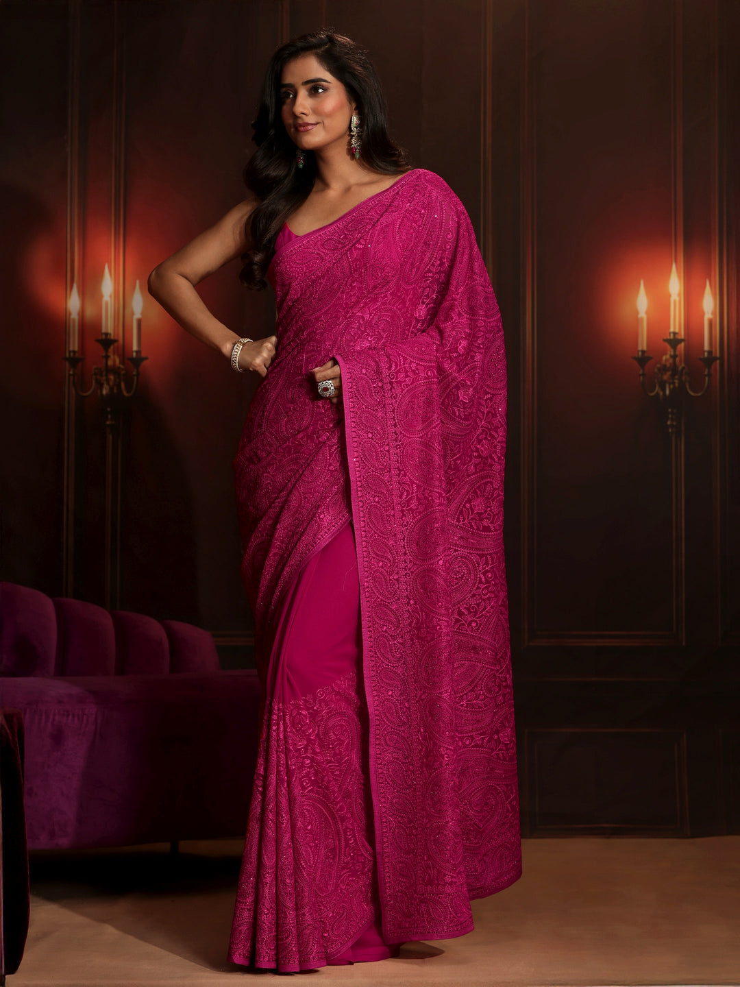 Libas Art Rani Pink Paisley Embroidered Georgette Saree