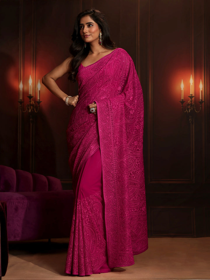 Libas Art Rani Pink Paisley Embroidered Georgette Saree