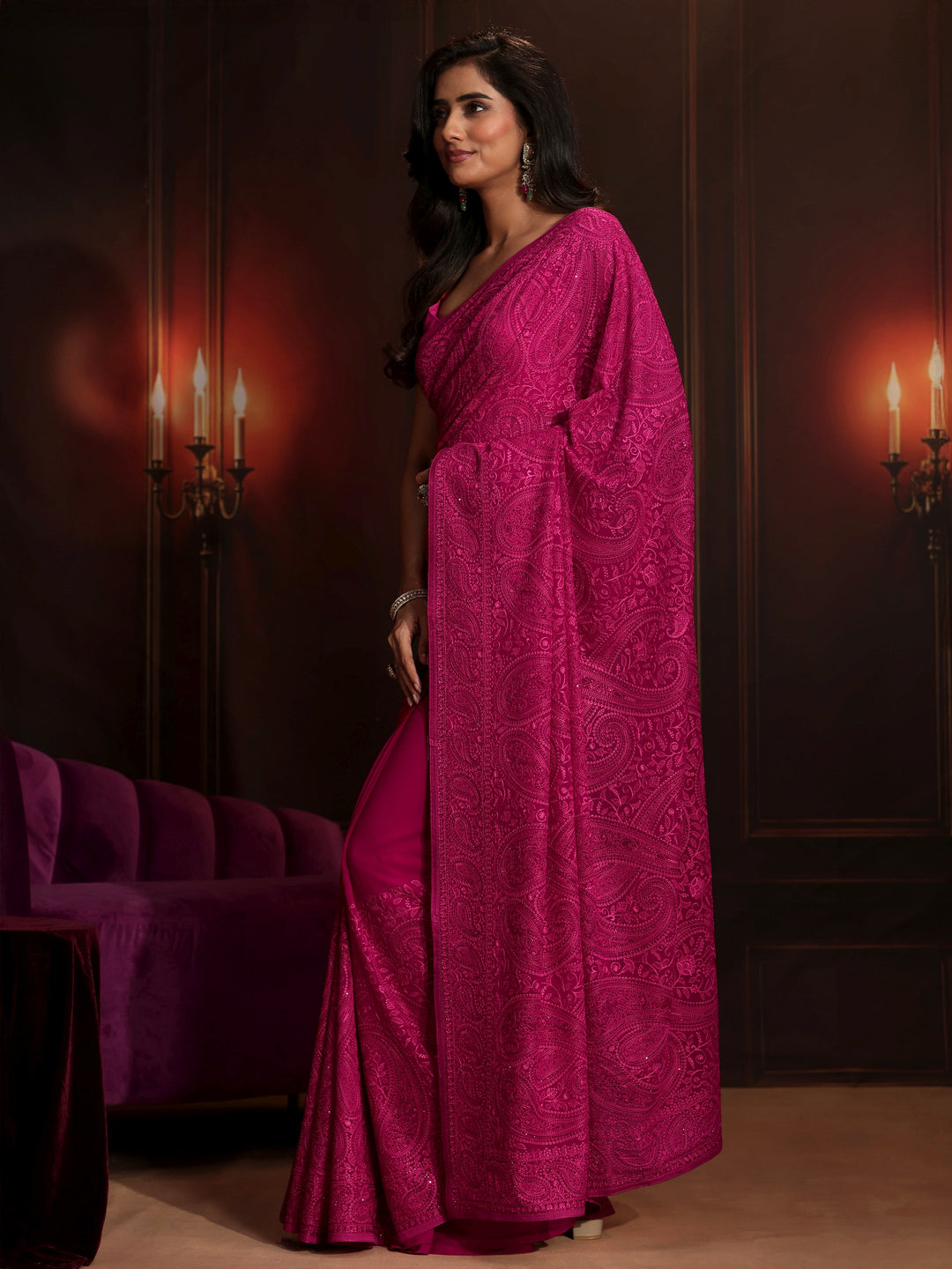 Libas Art Rani Pink Paisley Embroidered Georgette Saree