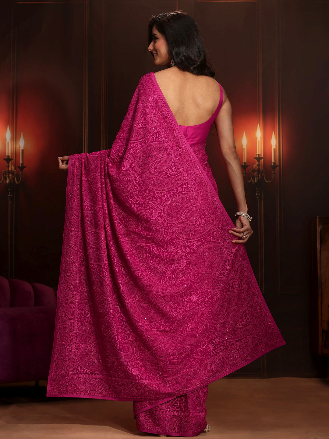 Libas Art Rani Pink Paisley Embroidered Georgette Saree