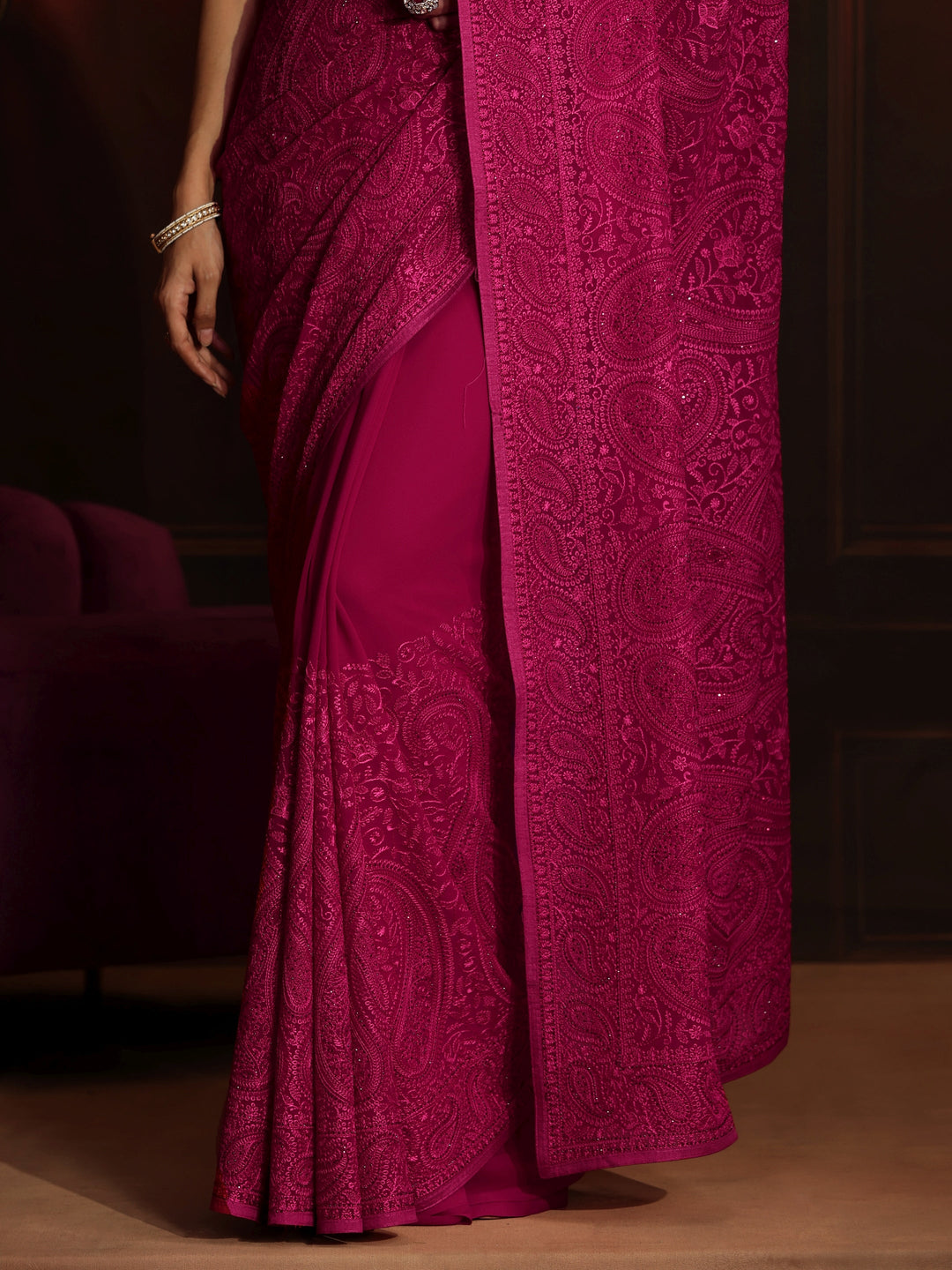 Libas Art Rani Pink Paisley Embroidered Georgette Saree
