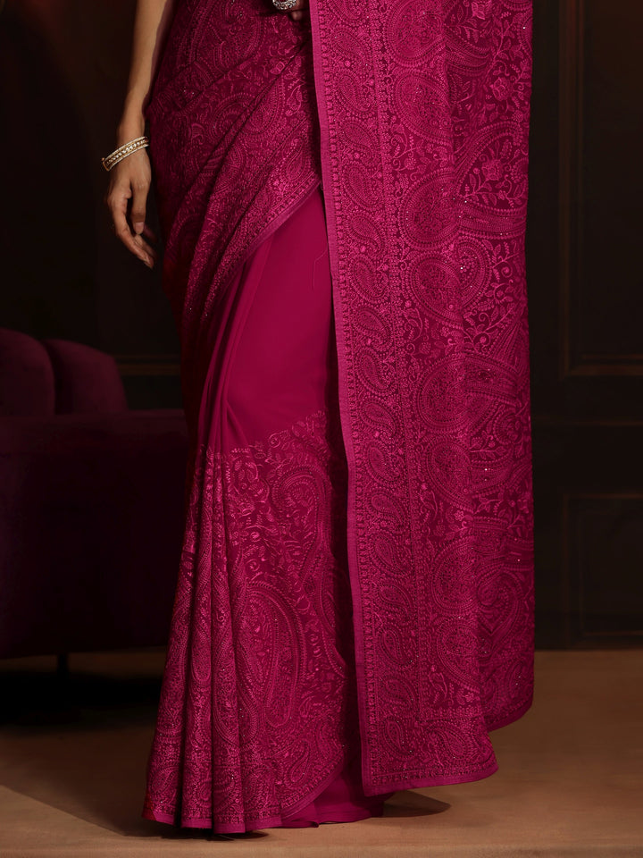 Libas Art Rani Pink Paisley Embroidered Georgette Saree