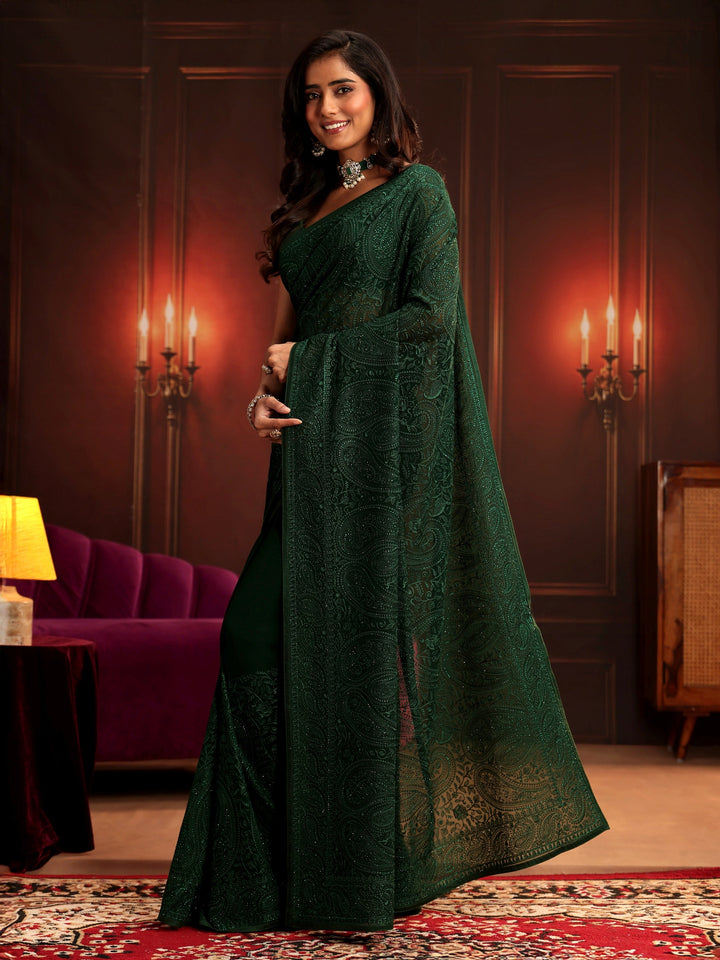 Libas Art Bottle Green Paisley Embroidered Georgette Saree