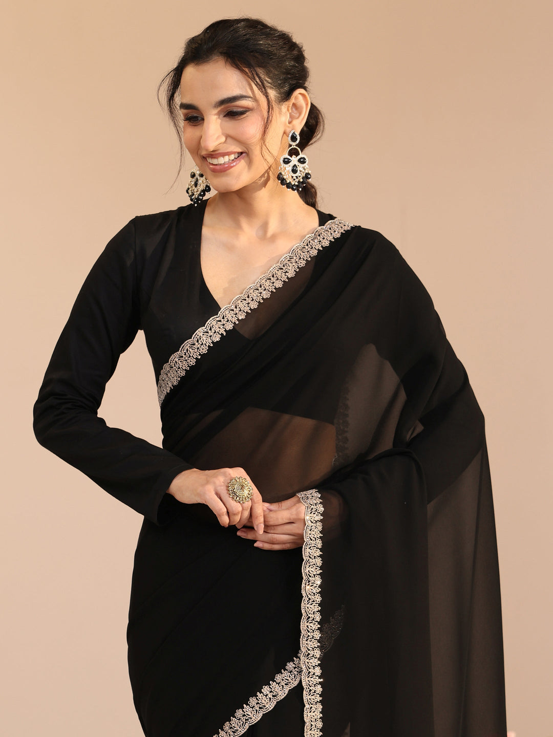 Libas Black Georgette Saree with Embroidered Border