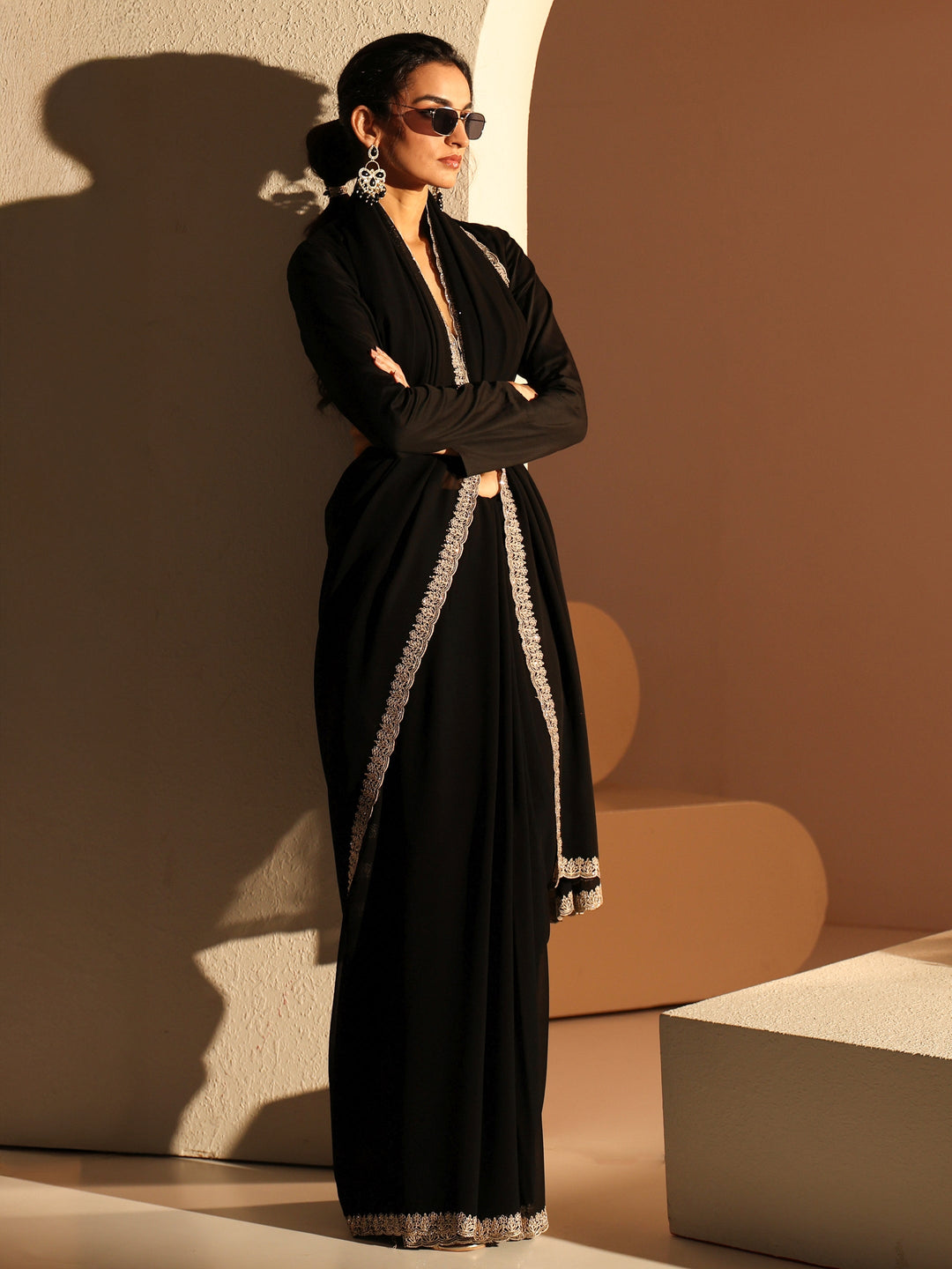 Libas Black Georgette Saree with Embroidered Border