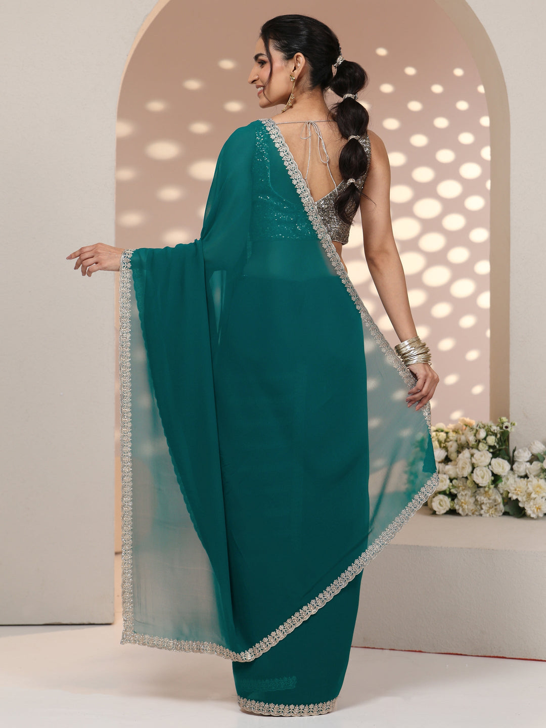 Libas Teal Green Georgette Saree with Embroidered Border