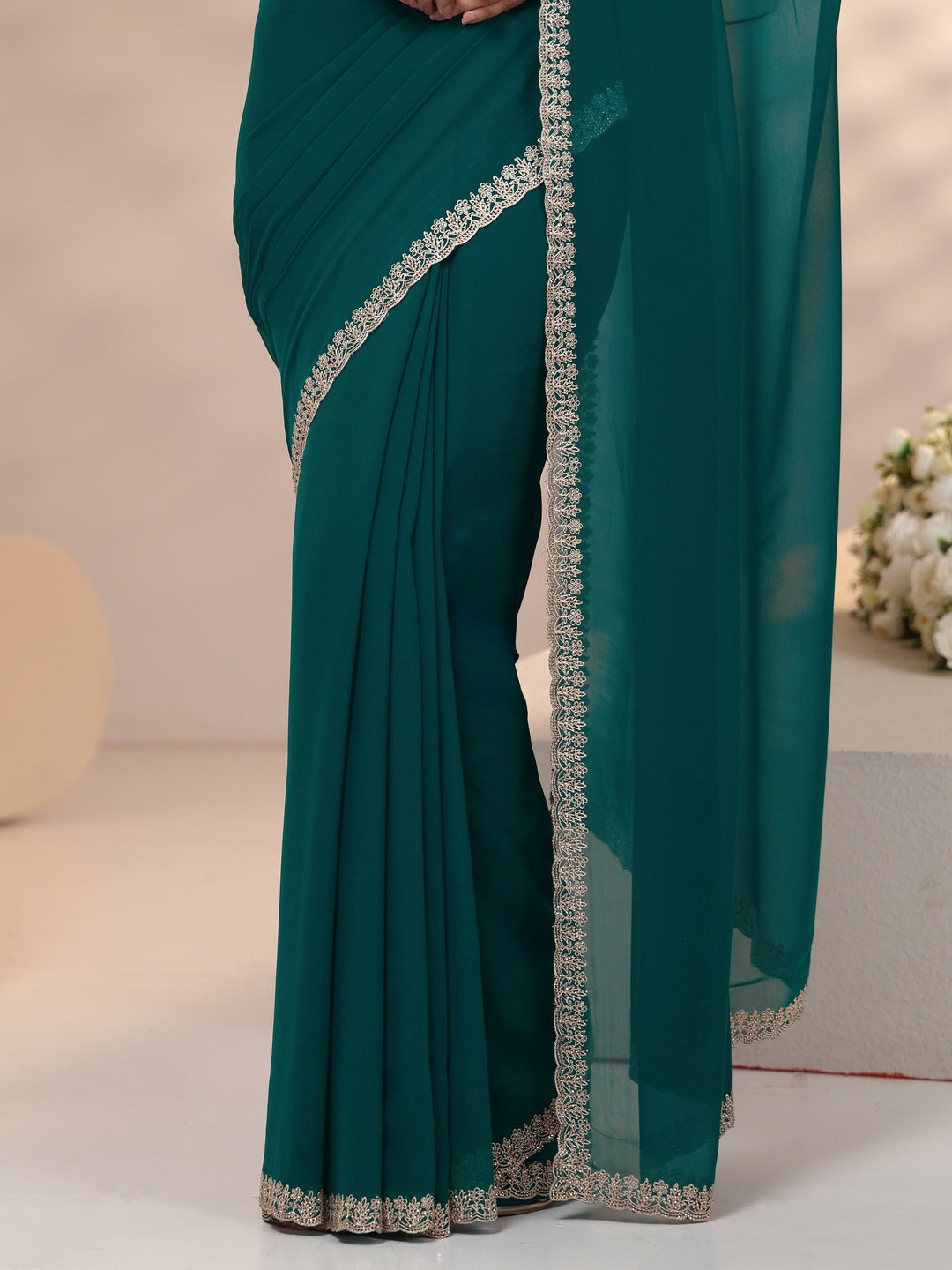 Libas Teal Green Georgette Saree with Embroidered Border