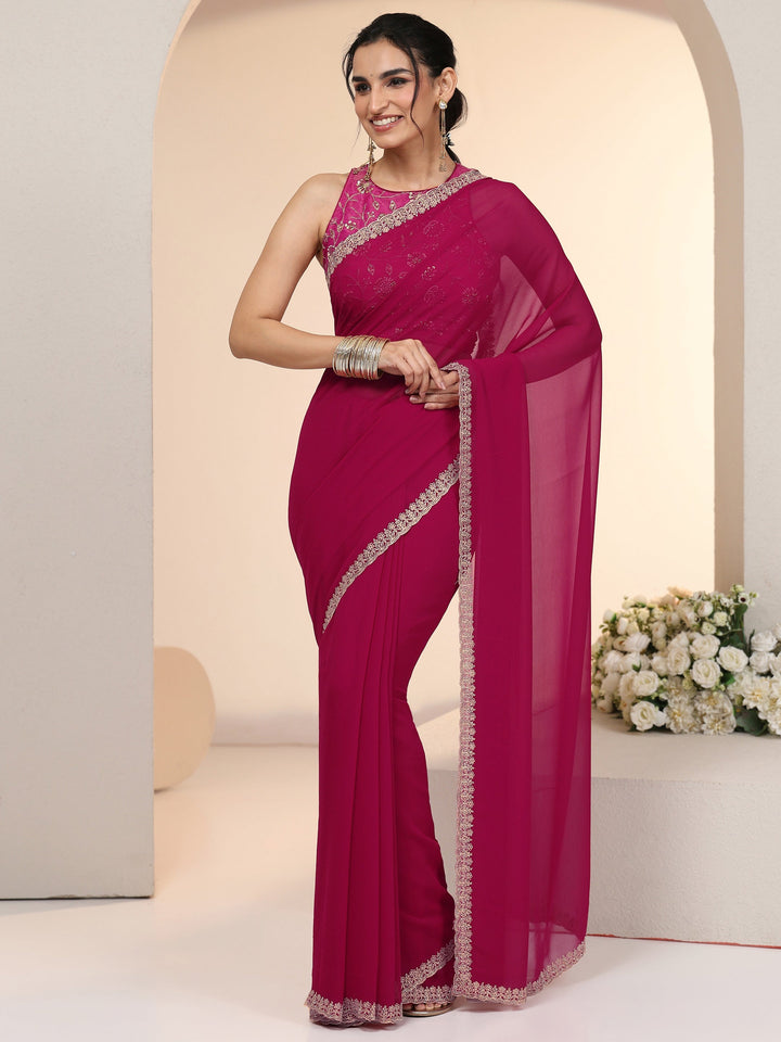 Libas Rani Pink Georgette Saree with Embroidered Border