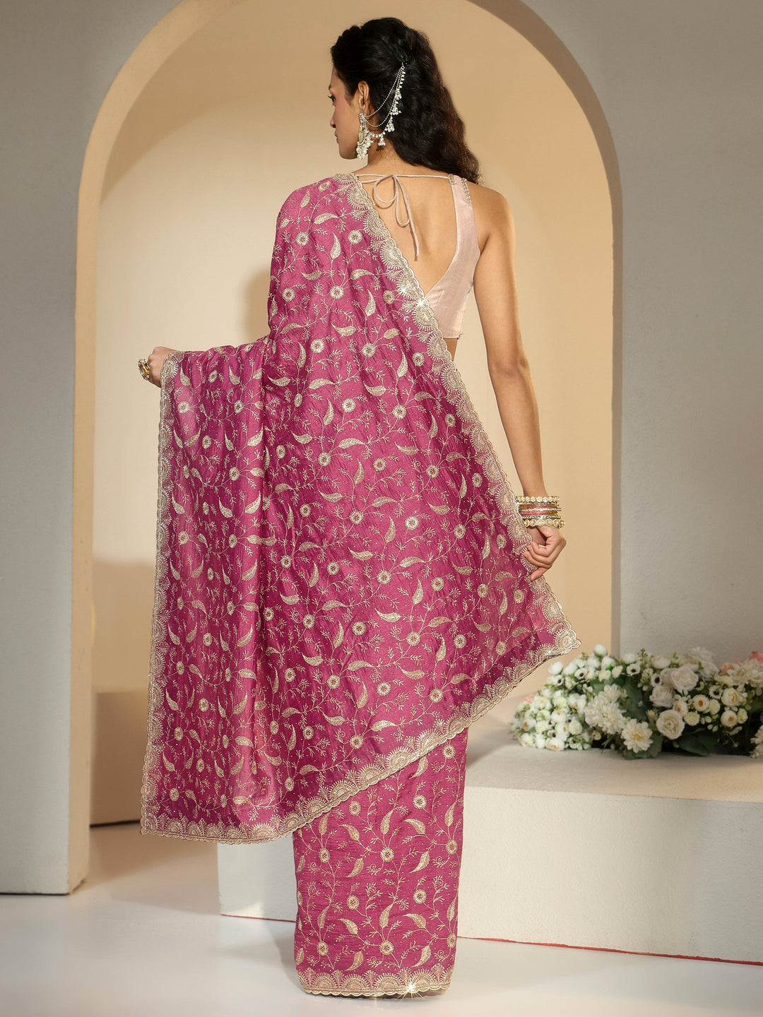 Libas Mauve Floral Embroidered Silk Blend Saree