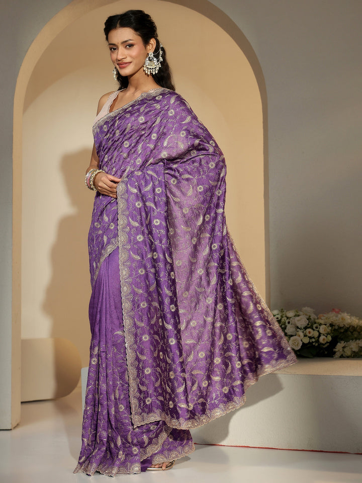 Libas Purple Floral Embroidered Silk Blend Saree